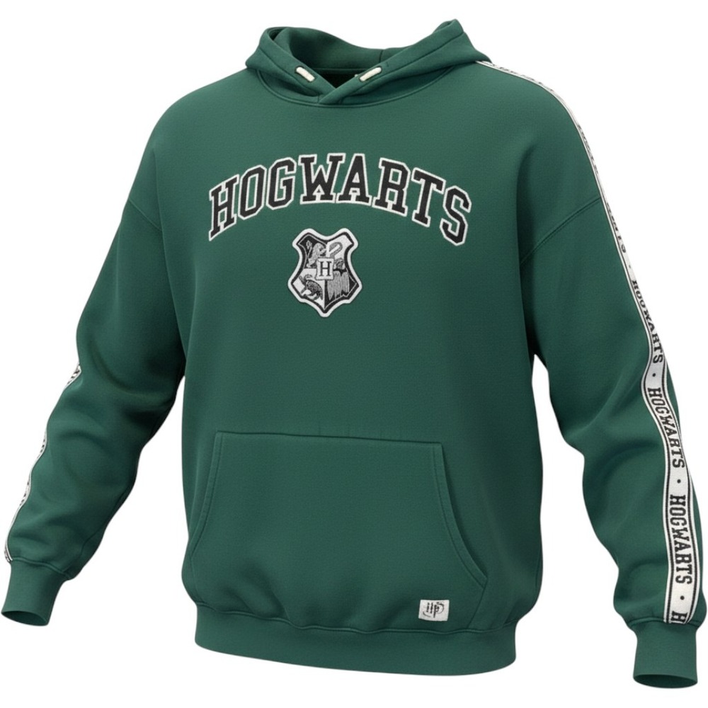 Harry Potter x H&M Hogwarts Green Hoodie Kids Size 12/14 Logo Sleeve Taping
